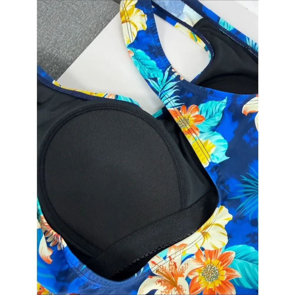 Shore Shapes Blue Floral Swim Dress One Piece Swimsuit Size 8